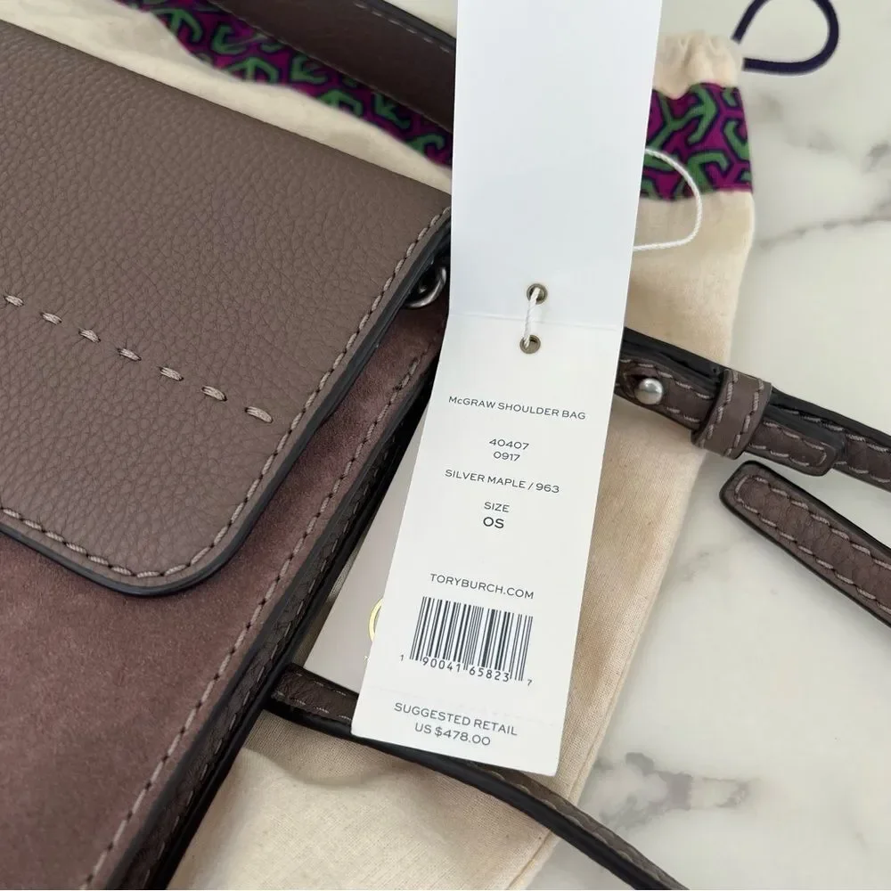 NWT Tory Burch McGraw Shoulder Crossbody Bag Mixed Leather Suede Silver Maple